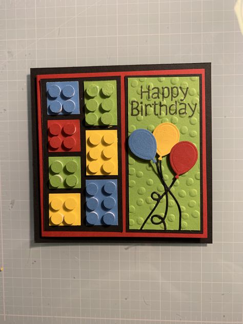 Stampin Up Boys Birthday Cards, Kids Birthday Cards Handmade, Lego Card Ideas, Lego Birthday Card Diy, Lego Cards Handmade, Lego Anniversary Card, Robot Cards Handmade, Handmade Lego Birthday Card, Children’s Handmade Birthday Cards