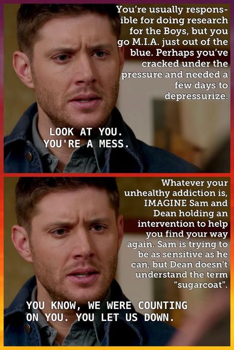 Dean Winchester Fanfiction, Supernatural Jokes, Supernatural Dr, Supernatural Bunker, Karate Kid Movie, Fanfic Ideas, Supernatural Comic, Supernatural Imagines, Supernatural Jensen