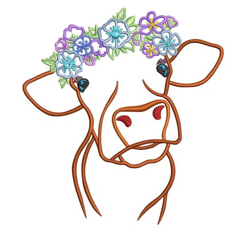 Cow machine embroidery design 4 sizes, Farm animal with flowers embroidery pattern file. 4x4 5x5. dst, pes, pe, hus Animal With Flowers, Flowers Embroidery Pattern, Animal Embroidery Designs, Machine Pattern, Flowers Embroidery, Cow Art, Animal Embroidery, Machine Embroidery Patterns, Star Stitch