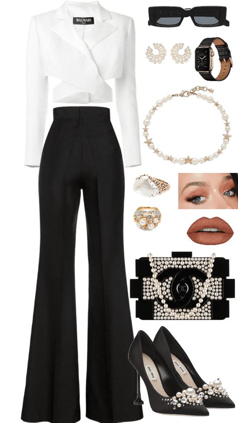 Formal Attire Women Outfit Ideas, White Pants Formal Outfit Women, Formal Black And White Outfits For Women, Black And White Business Attire, Semi Formal Black And White Outfits, Black And White Formal Outfit For Ladies, White Attire Party Women, Black And White Cocktail Party Attire, Black And White Outfit Ideas Formal