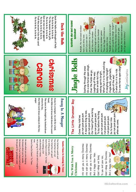 Christmas Carols Minibook - English ESL Worksheets for distance learning and physical classrooms Tesol Activities, Daycare Songs, Christmas Carols For Kids, Christmas Carols Lyrics, Tiny Crafts, Christmas Carols Songs, Christmas Carol Book, Elf Notes, Christmas Bingo Cards