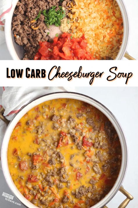 #LowCarbDessertRecipes Low Carb Cheeseburger Soup, Soup Cheeseburger, Low Carb Cheeseburger, Cheeseburger Soup Recipe, Cheese Burger Soup Recipes, Soups Recipes, Low Carb Soup Recipes, Egg Diet Plan, Healthy Soups