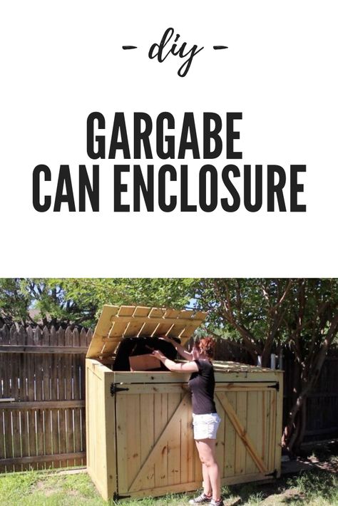 How to build a shed to hide your trash cans. Video tutorial and plans available! Ideas To Hide Garbage Cans Trash Bins, Trash Can Enclosure Outdoor With Gate, Trash Can Shed Diy, Garbage Shed Plans, Bin Shed Diy How To Build, Garbage Bin Storage Outdoor Diy Plans, Outside Trash Can Storage Diy, Diy Trash Can Enclosure, Trash Can Corral