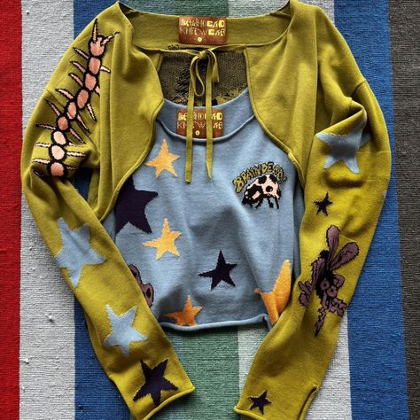 Brain Dead knitwear bug collection - two... - Depop Dirt Aesthetic, Bugs Aesthetic, Aesthetic Jacket, Bug Collection, Bolero Cardigan, Brain Dead, Blue Sweater, Blue Sweaters, Bugs