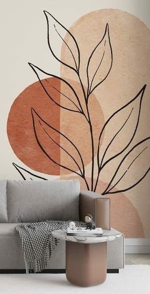 Simple Boho Wall Art, Simple Living Room Mural Ideas, Boho Paint Designs, Simple Green Wall Mural, Wall Painting Ideas Living Room Interior Design, Wall Paint Designs Creative Art Ideas Living Room, Boho Wall Paint Ideas, 60s Wall Mural, Naturalistic Interior Design