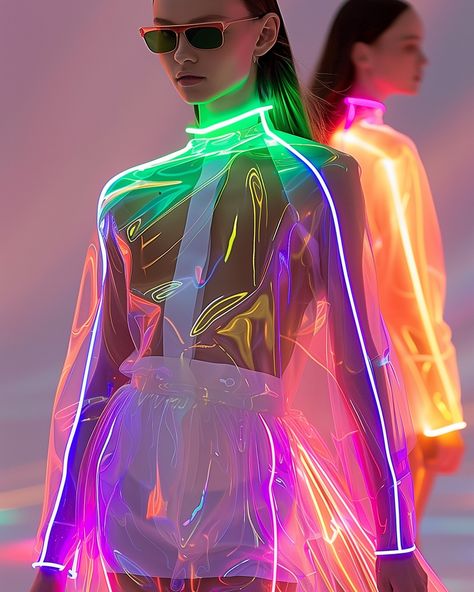 Shine bright wherever you go ✨💖 #neon #fashionshow #runway Plastic Outfit, Fashionshow Runway, Neon Jungle, Led Dress, Neon Fashion, Love Band, Technology Fashion, Future Outfit, Futuristic Fashion