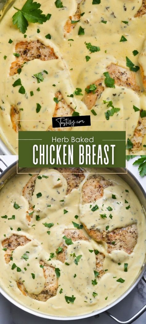 30-Minute Creamy Herb Chicken Chicken Breast Cream Of Chicken, Basil Dishes, Creamy Herb Chicken, Herb Baked Chicken, Creamy Chicken Breast Recipes, Fathers Day Recipes, Herb Chicken Breast, Crock Pot Soup Recipes, Herb Chicken Recipes