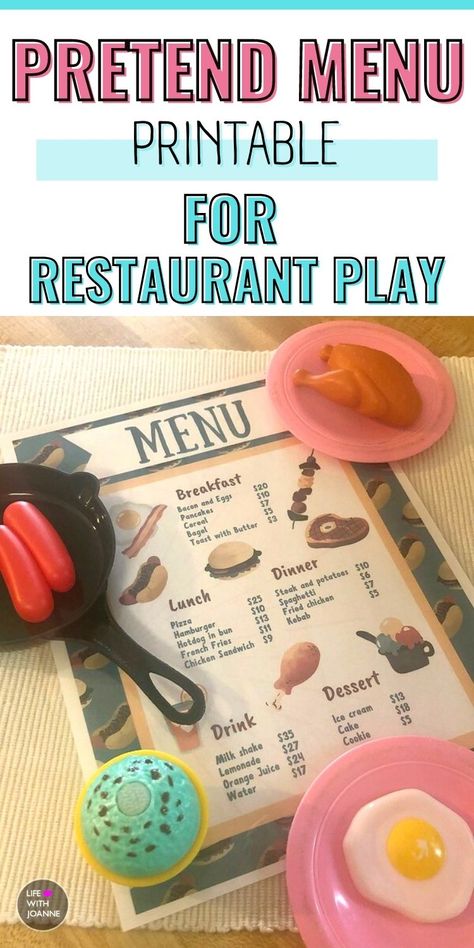 Free Printable Menus For Dramatic Play, Pretend Restaurant Printables Free, Dramatic Play Menu Printable Free, Diy Kids Restaurant, Food Dramatic Play, Pretend Restaurant, Free Printable Menu Template, Play Menu, Pretend Play Printables