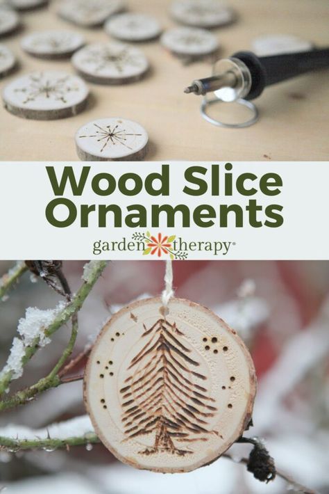 Wood Burning Pen, Wood Slice Ornaments, Christmas Tree Lots, Garden Therapy, Wood Slice Crafts, Cool Wood Projects, Real Christmas Tree, Tree Slices, Wood Burning Crafts