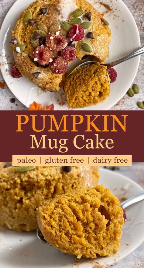 This healthy pumpkin protein mug cake is paleo friendly, nut free, gluten free and dairy free. It's made with pumpkin puree, collagen peptides and cassava flour for a deliciously tender and moist pumpkin mug cake. #pumpkincake #mugcake #paleocake Cassava Mug Cake, Paleo Pumpkin Mug Cake, Cassava Flour Mug Cake, Paleo Pumpkin Dessert, Pumpkin Mug Cake Recipe, Low Calorie Paleo, Paleo Mug Cake, Mug Cake Healthy, Protein Mug Cakes