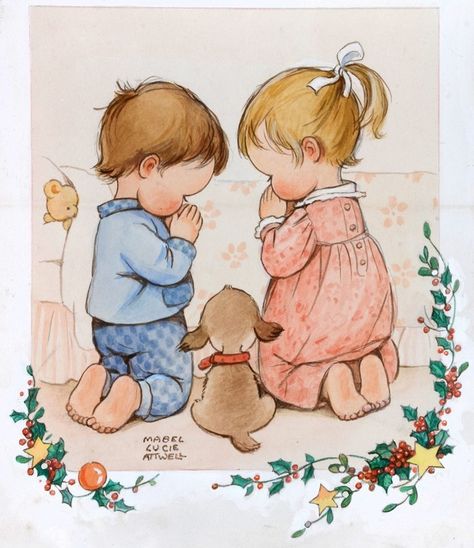 Mabel Lucie Attwell (1879-1964)  —  A Christmas Prayer  (735x850) Sara Key, Sarah Key, Sara Kay, Holly Hobby, Children Praying, 3d Sheets, Postal Vintage, Sarah Kay, Holly Hobbie