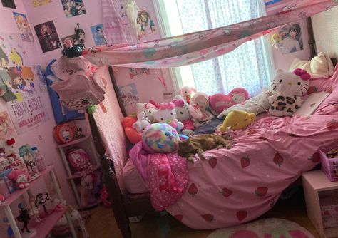 Cute, #Kawaii, Sanrio, Sanriocore,  hello kitty, #bedroom, #cutecore, strawberry Bedroom Cutecore, Cutecore Strawberry, 2000s Bedroom, Cutecore Room, Hello Kitty Bedroom, Room Hacks, Pink Room Decor, Cute Bedroom Ideas, Cute Cottage