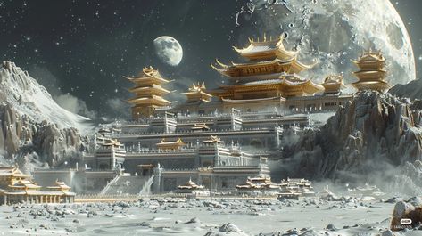 Chinese Palace Fantasy Art, Palace Concept Art, Anime Mansion, Japanese Creatures, Mystical Kingdom, Floating Palace, Fantasy Places Art, Chinese Palace, Fantasy City Map