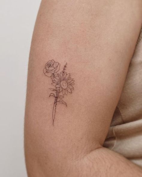 MARÍA ROMERO ⚡️ on Instagram: "I can buy me some flowers 🖤" Delicate Roses Tattoo, I Can Buy Myself Flowers Tattoo, Rose And Sunflower Tattoo, Rose Bouquet Tattoo, Sunflower And Rose Bouquet, Fine Line Rose, Rose And Sunflower, Sunflower Tattoo Simple, Gf Aesthetic