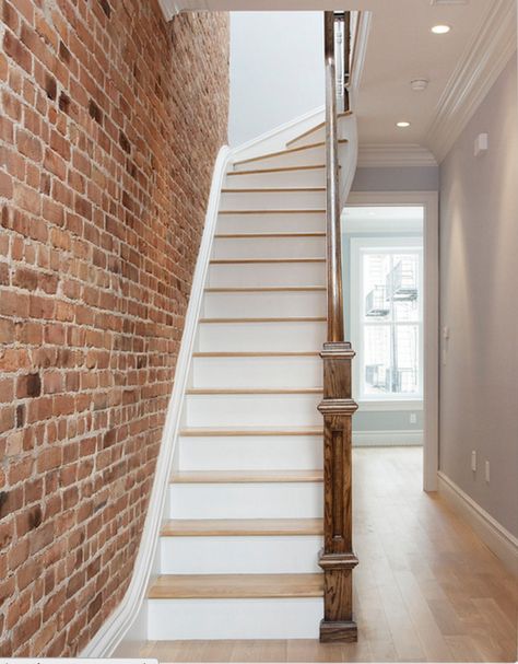 Brick Staircase Wall, Brick Wall Stairs, Staircase Brick Wall, Exposed Brick Staircase, Staircase Brick Wall Design, Brick Stairs Interior, Brick Wall Staircase, Townhouse Staircase, Plum Ideas