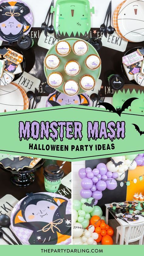 Monster mash party decorations for a kid-friendly Halloween party Monster Mash Backdrop, Monster Mash 1st Birthday Party, Monster Bash Halloween Party, Classic Monster Halloween Party, Monster Mash Decorations, Kids Halloween Party Themes, Monster Mash Trunk Or Treat, Monster Mash First Birthday Party, Kid Halloween Party Ideas