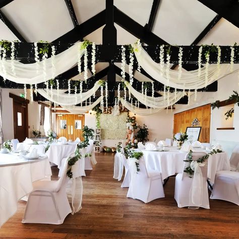 Romantic Wedding Arch, Ceiling Drapes, Wedding Drapery, Draping Wedding, Black And White Wedding Theme, Wedding Ceiling, Ceiling Draping, Pavilion Wedding, White Wedding Theme