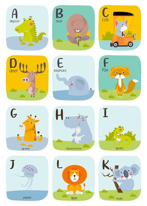 Cute animal alphabet illustration. alpha... | Premium Vector #Freepik #vector #kids #children #nature #cartoon Toddler Alphabet Printables, Publications Design, Illustration Alphabet, Alphabet Flash Cards Printable, Nature Cartoon, Alphabet For Toddlers, Printable Flashcards, Abc Flashcards, Learning English For Kids