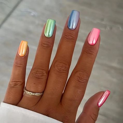 Super Shiny Pastels In Medium Square Fingernails. Complete Kit Including Fingernails, File, Glue And Instructions. Square Fingernails, Neon Chrome Nails, Summer Nails Bright Colors, Pink Fingernails, Summer Glitter Nails, Bright Gel Nails, Ivy Nails, Florida Nails, Multicolored Nails