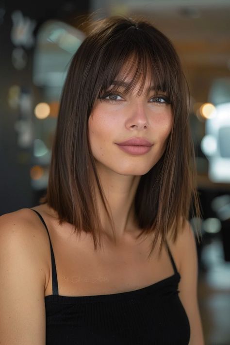 42 Long Bobs With Bangs Hairstyles to Unleash Your Inner French Girl Chic Fringe Long Bob Haircut, Dark Long Bob With Bangs, Hair Long Bob With Bangs, Long Bangs With Bob, Lib With Bangs, French Haircut With Bangs, Long Bob With Bangs Straight Hair, Bangs With Mid Length Hair, Bangs With Long Bob