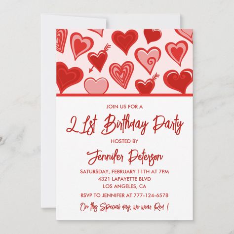 21st birthday invitations Red Pink Hearts Galentine Invitation, 65th Birthday Invitations, 75th Birthday Invitations, Exclusive Invitation, 13th Birthday Invitations, 90th Birthday Invitations, 70th Birthday Invitations, 80th Birthday Invitations, Chic Invitation