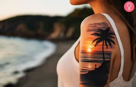 Realistic Sunset Tattoo, Beach Sunset Tattoo, Silouette Tattoo, Sunrise Tattoo, Women's Shoulder Tattoo, Sunset Tattoo, Sunset Tattoos, Water Tattoo, Tattoo Sleeve Designs