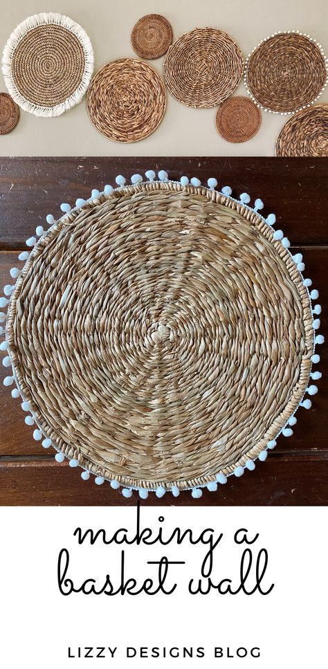 There are several things to think about when making a basket wall. Also how to add a little extra something to your baskets! ~Lizzy Designs Blog #basketwall Wicker Basket Wall Art Diy, Simple Basket Wall, Flat Baskets Wall Decor Diy, Boho Basket Wall Art Diy, Basket Wall Diy, How To Make A Basket, Wall Basket Ideas, Diy Boho Basket Wall Decor, Flat Baskets Wall Decor