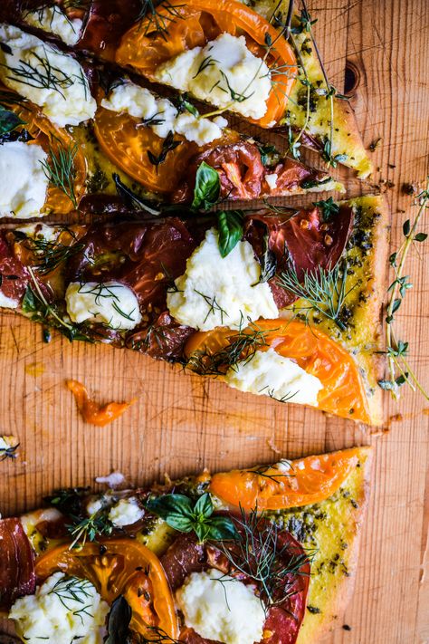 Ricotta Flatbread, Tomato Flatbread, Flatbread Dough, Parmesan Pizza, Tomato Caprese, Light Sauce, Toast In The Oven, Herb Sauce, Heirloom Tomato