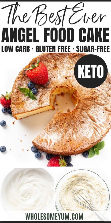 Low Carb Keto Angel Food Cake Recipe - Fluffy keto angel food cake makes the best light dessert! This low carb angel food cake recipe with almond flour and coconut flour has only 2g net carbs per slice. #wholesomeyum #keto #ketodessert #ketocake #angelfoodcake #summerdessert #lowcarbdessert Sugar Free Angel Food Cake Recipe, Keto Angel Food Cake, Recipe With Almond Flour, Gluten Free Angel Food Cake, Light Dessert, Low Carb Low Fat Recipes, Low Carb Cake, Sugar Free Low Carb, Best Low Carb Recipes