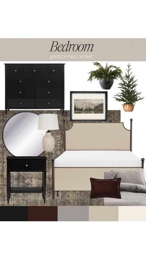 Modern cottage bedroom mood board, primary bedroom. Guest bedroom, black dresser, black nightstands, affordable bed, Amber Lewis x Loloi rug, target bedding Follow my shop @RockyHill.Home on the @shop.LTK app to shop this post and get my exclusive app-only content! #liketkit #LTKSeasonal #LTKhome #LTKstyletip @shop.ltk https://liketk.it/4ltuP Modern Cottage Bedroom, Target Bedding, Velvet Duvet, Black Nightstand, Black Dressers, Affordable Bedding, Cottage Bedroom, Modern Cottage, Black Bedding