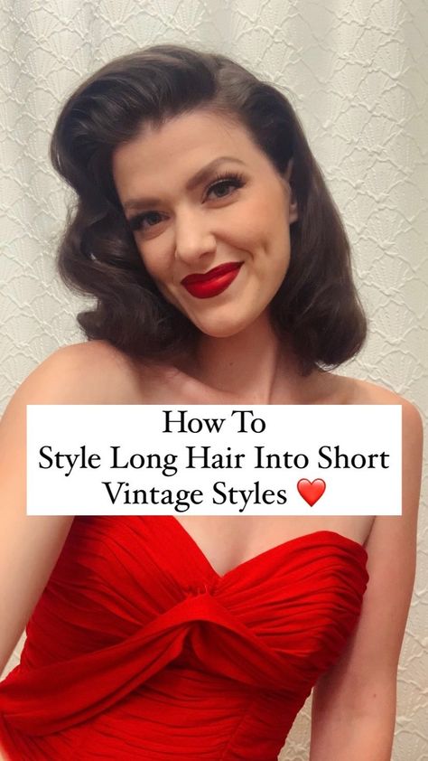 sewingtreble on Instagram: After a million people asking me, I finally decided to do a little clip to show you how I make my long hair look like it’s short in the… How To Pin Long Hair To Look Short, 1950 Hair Styles For Long Hair, 50s Hairstyles For Medium Hair, How To Do Old Fashioned Hairstyles, Fifties Hairstyles For Long Hair, 1950s Hairstyles Long Hair, Making Long Hair Look Short, How To Do 50's Hairstyles, Easy 1940s Hairstyles For Long Hair