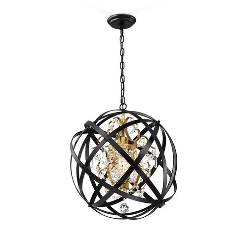 House of Hampton® Mascorro 1 - Light Statement Globe Chandelier with Crystal Accents | Wayfair Black And Gold Chandelier, Chandelier Store, Orb Chandelier, Indoor Chandelier, Crystal Orb, Gold Fixtures, Farmhouse Master, Master Room, Farmhouse Chandelier