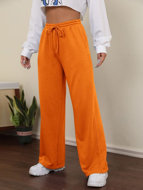 Orange  Collar  Polyester Plain  Embellished Non-Stretch All Women Bottoms Orange Sweatpants With Elastic Waistband For Loungewear, Casual Orange Drawstring Bottoms, Casual Orange Baggy Bottoms, Orange Sweatpants With Pockets For Loungewear, Orange Athleisure Jogging Bottoms, Orange Pants Outfit, Orange Pants, Tracksuit Pants, Pantalon Large