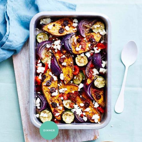 Print Roasted Sweet Potato, Veg and Feta . Limahl Asmall 19.01.2018 "One of those dishes that looks incredible and taste even better. It might take 40 mins in the oven, but the minimal (5 min) prep time means you can relax whilst the oven does all the work. Great for week nights, and when Vegetable Tray Bake Ideas, Healthy Tray Bakes, Vegan Veggie Casserole, Vegetarian Tray Bake, Veg Bake, Veggie Mains, Feta Recipe, Winter Foods, Tiny Cooking