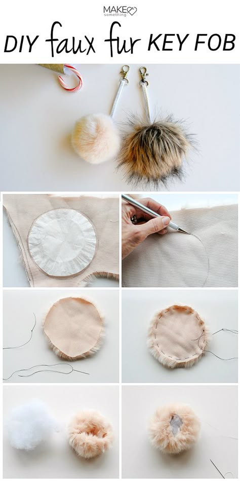 DIY fur pompoms to hang from your purse, tote, backpack, or keyring. Easy to make, and no sewing involved. Faux fur pompoms make great DIY gift extras for friends anytime of the year.   #fauxfurpompom #diypompoms #diykeychain #furpompom #keychainsdiy #diygiftsforfriends #diygiftideas Fake Fur Crafts, Fur Crafts, Key Fobs Diy, Pom Pom Tutorial, Pompom Keychain, Fur Pom Pom Keychain, Diy Keyring, Diy Pom Poms, Faux Fur Purse