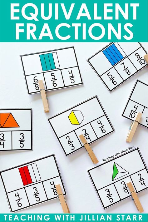 equivalent fraction clip cards are the perfect activity to teach equivalent fractions with 3rd and 4th grade students! Equivalent Fraction Games, Fraction Centers, Equivalent Fractions Activities, Math Fraction Activities, 4th Grade Math Games, Fractions Activities, Third Grade Fractions, 4th Grade Activities, 4th Grade Fractions