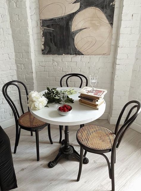 Parisian House Style, Bistro Table Decor Ideas, Small Apartment Table Dining, Small French Apartment, Parisian Dining Table, Paris Dining Room, Cafe Table And Chairs, Brett Waterman, Parisian Bistro Chairs