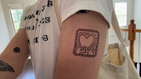 #tattoo #tattooideas #keithharing #tattooart Island In The Sun Weezer Tattoo, Keith Haring Tattoo, Queer Tattoos, Community Tattoo, Funky Tattoos, Sick Tattoo, Cute Little Tattoos, Pretty Tattoos For Women, Gothic Tattoo