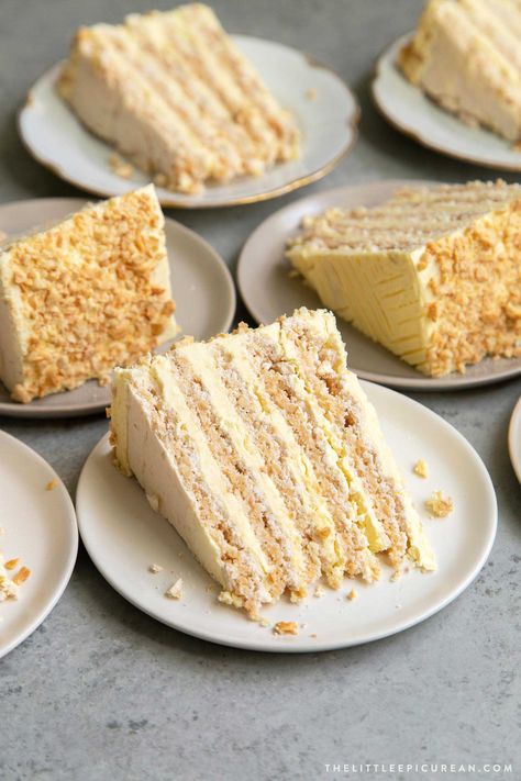 Sans Rival cake slice. Filipino cake consisting of cashew dacquoise layered with French buttercream. #cake #dessert #glutenfree #cashews #buttercream #filipino #filipinodesserts #filipinorecipes San Rival Cake, Sans Rival Cake, Sans Rival, Filipino Dessert Recipes, Bakery Aesthetic, French Buttercream, Cakes To Make, Meringue Cake, Rich Desserts