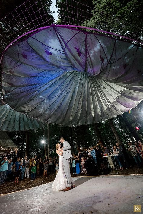 Dancing under the Parachute at wedding, parachute wedding decor Parachute Decoration, Parachute Ceiling Decor, Dancing On The Clouds Wedding, Hanging Dance Floor Installation, Dancing On Clouds Wedding, Parachute Songs, Diy Canopy, Shade Canopy, Michigan Wedding Photographer