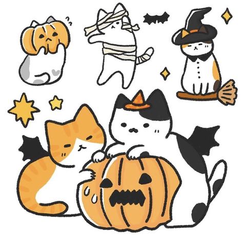 Halloween Cats Illustration, Halloween Cat Doodle, Cat Halloween Drawing, Halloween Cat Drawing, Cute Halloween Drawings, 심플한 그림, Cat Doodle, 강아지 그림, Halloween Drawings