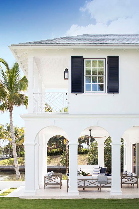 Palm Beach Waterfront Project - Knowles Design - Interiors Palm Beach Exterior Design, Palm Beach Bungalow, Palm Beach Architecture, British Colonial Exterior, Florida Homes Exterior, Beach Architecture, Coastal Exterior, Ranch House Exterior, Beach Living Room