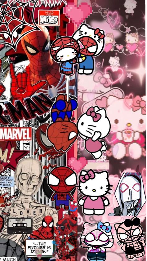 Hello Kitty And Spiderman, Pink Hello Kitty Wallpaper Iphone, Hello Kitty Wallpaper Hd, Pink Wallpaper Hello Kitty, Hello Kitty Videos, Walpaper Hello Kitty, Whatsapp Wallpaper Cute, Spiderman Art Sketch, Hello Kitty Crafts