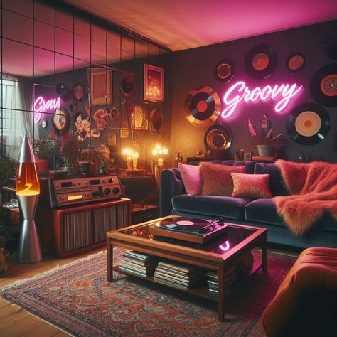 80s Living Room Retro Industrial Living Room, 1980s Bedroom Decor, Rockabilly Living Room, Retro Media Room, 80s Aesthetic Living Room, Modern Maximalist Decor Living Room, Vaporwave Interior Design, Retro Theme Room, Modern 80s Interior Design