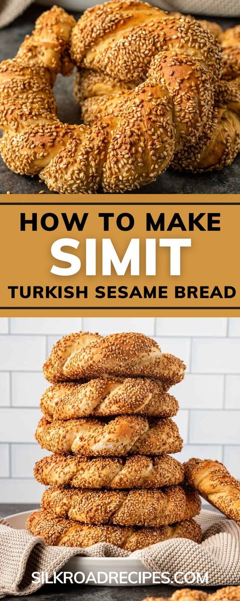 This authentic Simit recipe is super simple ingredients for a delicious breakfast, snack, or appetizer. Turkish bread twists are sweet, fruity, crunchy, and super soft. Try this Turkish Street Food with Tirokafteri, Homemade Tahini Dip, or Red Pepper Dip. It even tastes good with cream cheese like a traditional American bagel. Turkish Simit, Simit Recipe, Turkish Street Food, Sesame Bread, Bread Twists, Turkish Bread, Tahini Dip, Bread Dipping, Yeast Free Breads