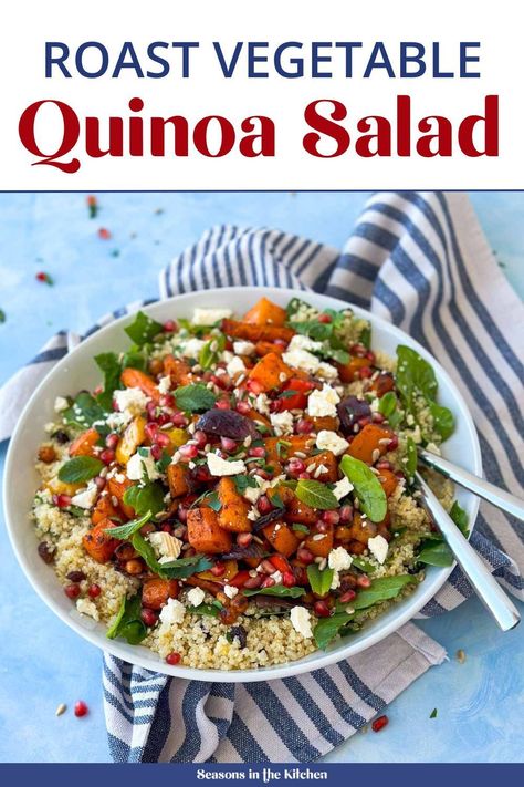 Roast Vegetable Quinoa Salad - A healthy and vibrant dish packed with roasted Moroccan vegetables and fluffy quinoa. Perfect for meal prep or a quick lunch. Pop over to our site for the full recipe! Quinoa Mediterranean Salad, Slow Roast Chicken, Vegetable Quinoa Salad, Healthy Quinoa Salad, Savory Quinoa, Fluffy Quinoa, Moroccan Vegetables, Vegan Quinoa Salad, Vegan Feta Cheese