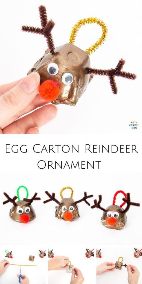 How to Make an Egg Carton Ornament - A fun and easy Christmas craft for kids that uses recyclable materials. Carton Craft, Kids Christmas Craft, Easy Kids Christmas, Recycled Christmas Decorations, Easy Christmas Craft, Kids Christmas Crafts Easy, Reindeer Craft, Easy Christmas Ornaments, Christmas Crafts For Toddlers