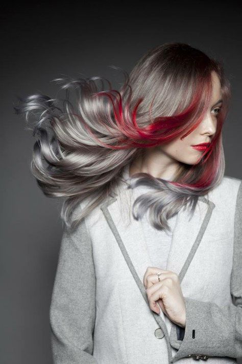 Red And Grey Hair, Red Hair Streaks, Blood Red Hair, Hair Streaks, Silver Grey Hair, Low Lights Hair, Grey Hair Color, Creative Hairstyles, Red Hair Color