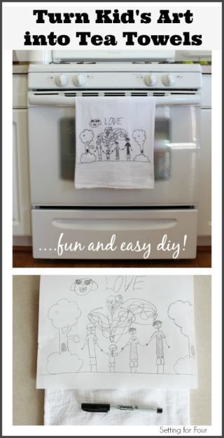 It's easy! How to Turn Kid's Art into Tea Towels! Decorate your kitchen with the kiddo's fun art creations.  Great gift idea!: Tea Towels Diy, Towels Kids, Diy Spring, Craft Projects For Kids, Fun Crafts For Kids, Fun Art, Grandparent Gifts, How To Turn, Childrens Art