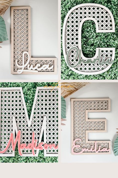 Handmade customizable name sign for baby's nursery or kid's room. Lots of color and finish options. #nurserydecor #namesign #babyregistry #pregnancy #babyname #bohonursery Boho Name Sign, Wall Decor For Nursery, Rattan Wall Decor, Baby Registry Essentials, Decor For Nursery, Wood Art Design, Rattan Wall, Wood Personalized, Boho Nursery Decor